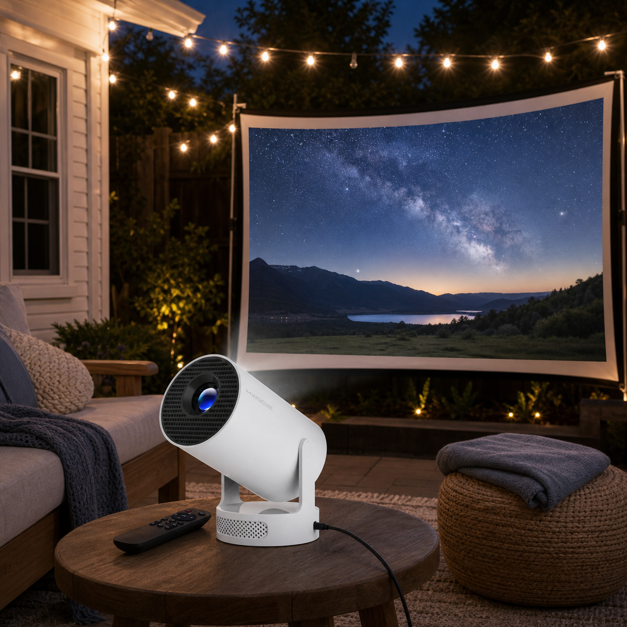 Magcubic HY300 Pro+ projector set up for an outdoor movie night
