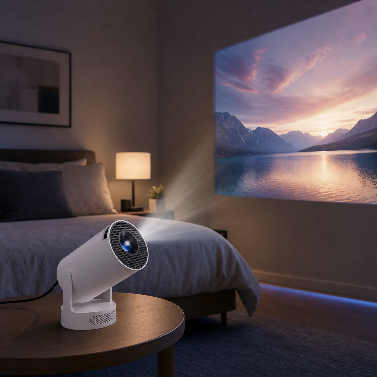 Magcubic HY300 Pro+ projector creating a bedroom movie night