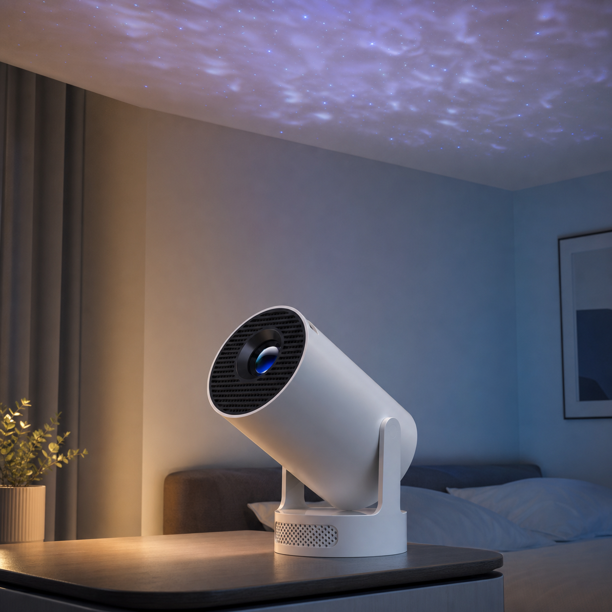 Magcubic HY300 Pro+ projector angled upward toward a bedroom ceiling