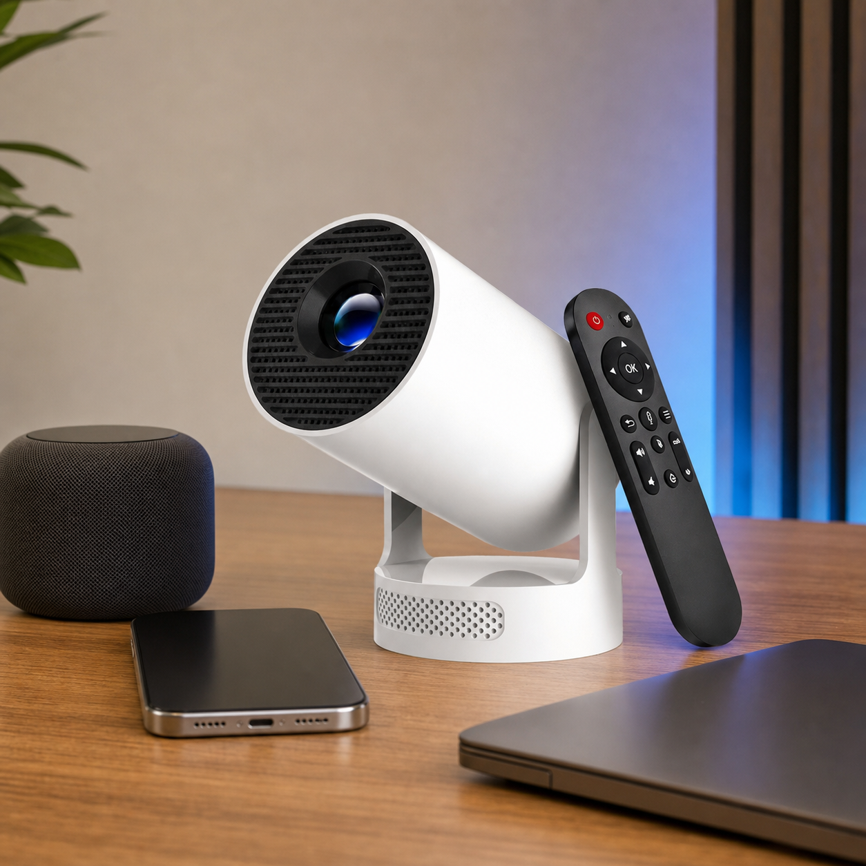 Magcubic HY300 Pro+ projector with phone laptop speaker and remote