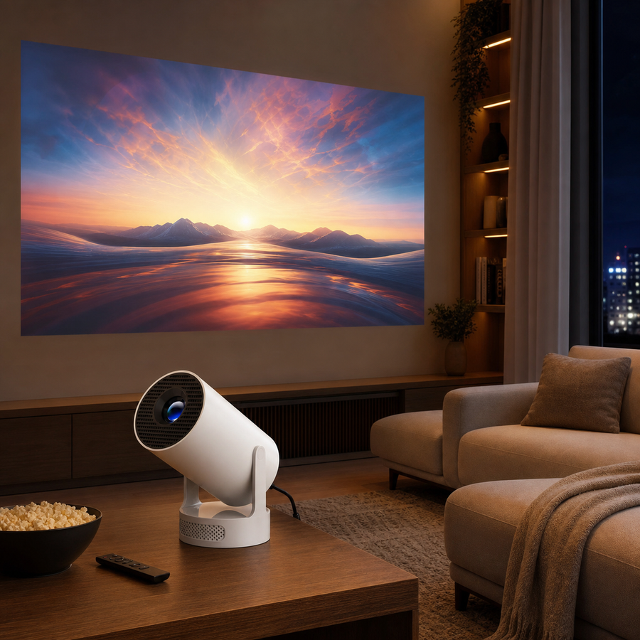 Magcubic HY300 Pro+ mini projector in a modern living room